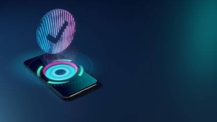 Poster - 3D rendering neon holographic phone symbol of check circle icon on dark background