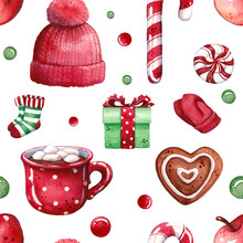 Hand Drawn Watercolor Seamless Pattern Illustration Of Winter Clothes With Gingerbread, Hot Chocolate In Mug, Candy Canes And Gift Box Isolated On White - Christmas, Hygge And Holidays