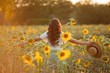 © Kristina89 - Young Asian woman with curly hair in field of sunflowers at sunset. Lifestyle portrait of young beautiful woman in the sun.