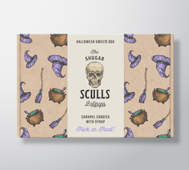 Wall Mural - halloween sweets pattern realistic cardboard box with banner. abstract vector packaging design. hand