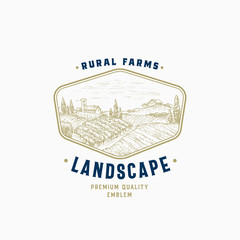 Wall Mural - rural farm abstract vector sign, badge or logo template. farm landscape sketch in a frame with retro