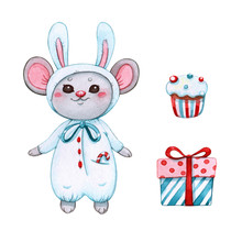 Hand Drawn Watercolor Illustration Clipart Set Of Cute Little Mouse In Carnival Costume Of Rabbit, Gift Box And Cupcake Isolated On White. Christmas And Winter Holidays