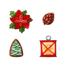Hand Drawn Watercolor Illustration Clipart Set Of Poinsettia Flower, Pine Cone, Gingerbread In Shape Of Tree And Red Lantern With Candle Burning Inside Isolated On White. Christmas And Winter Holdays