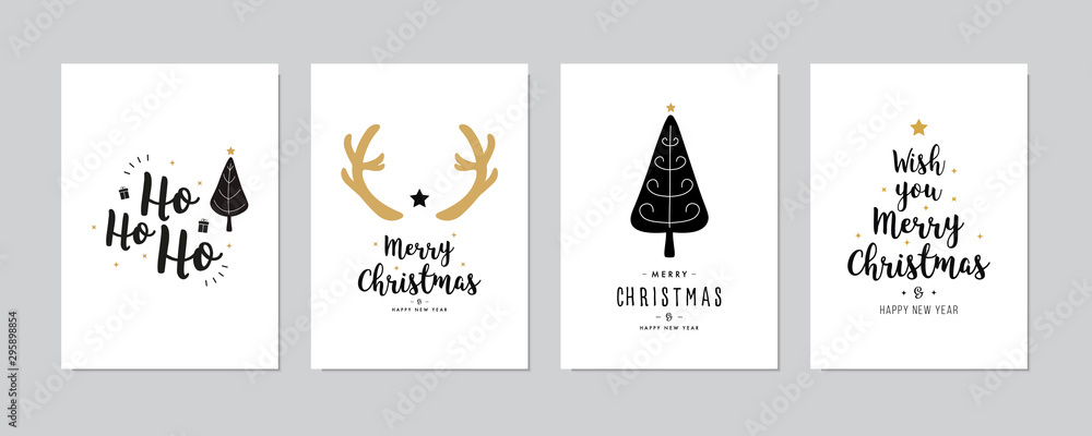 Set of christmas and happy new year greeting cards with lettering calligraphy decorative ornament elements. - obrazy, fototapety, plakaty 