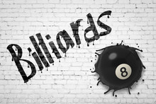 3d Rendering Of White Brick Wall With Title 'Billiards', And Black Billiards Ball With Number 8 Smashed Into Wall.