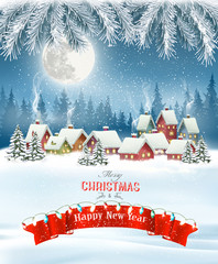 Aufkleber - Merry Christmas Background with branches of tree and winter village.Vector