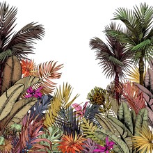Multicolored Tropical Foliage And Exotic Flowers. Hand Drawn Vector Illustration Isolated On White Background.