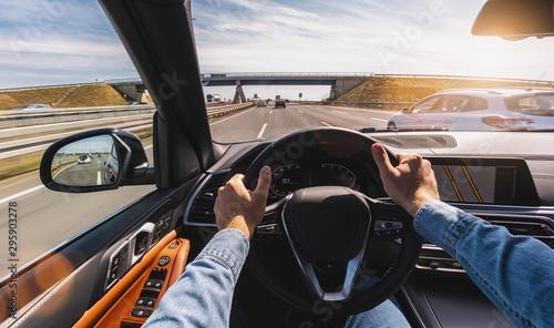 Fotomural Driving car pov on a highway - Point of View, first person perspective