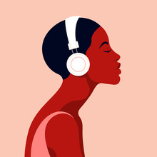 The Girl Listens To Music On Headphones. Music Therapy. Profile Of A Young African Woman. Musician Avatar Side View. Vector Flat Illustration