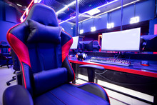 Professional Gamers Cafe Room With Powerful Personal Computer Game Chair Blue Color. Concept Cyber Sport Arena