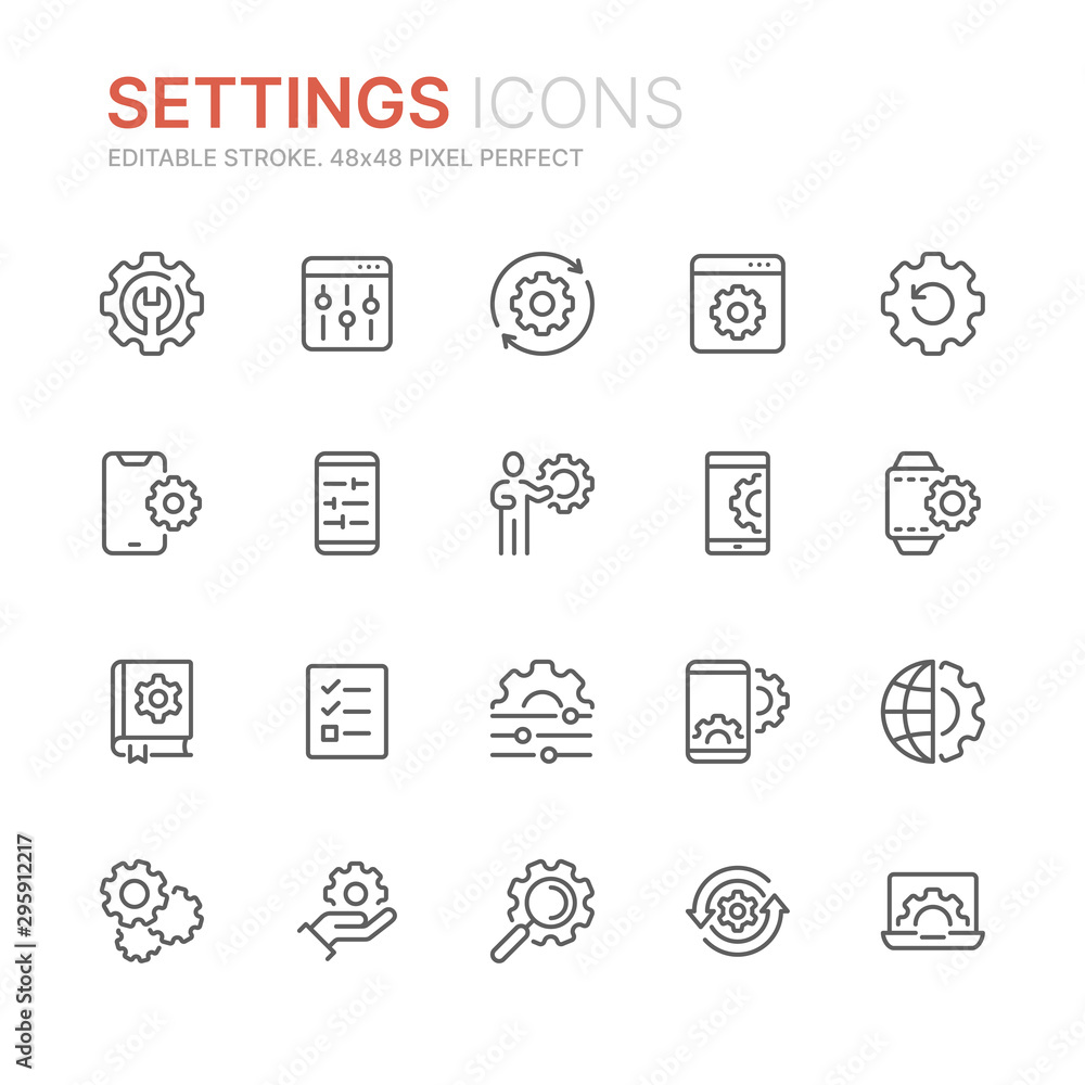 Collection of setting and options related line icons. 48x48 Pixel Perfect. Editable stroke - obrazy, fototapety, plakaty 