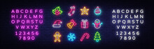 Christmas Neon Icons Set. Happy Christmas Collection Light Signs. Sign Boards, Light Banner. Xmas Neon Isolated Icons, Emblem, Design Template. Vector Illustration. Editing Text Neon Sign