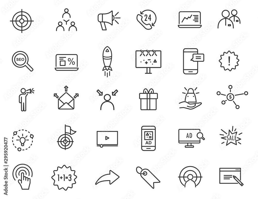 Set of linear advertising icons. Marketing icons in simple design. Vector illustration - obrazy, fototapety, plakaty 