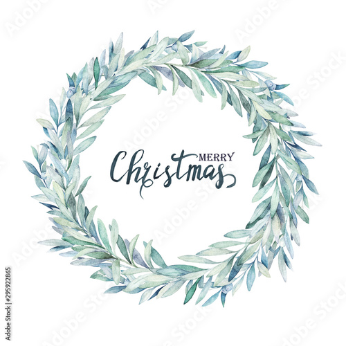 Watercolor christmas wreath. Winter frame with branch eucalyptus and mistleto...