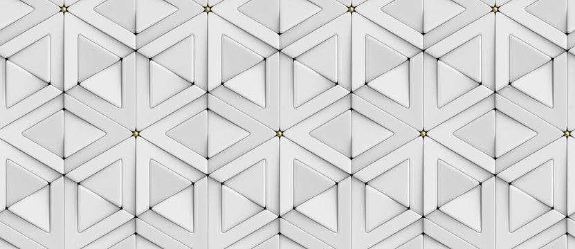 Wall Mural -  - Wallpaper of 3D tiles white rhombuses and triangles with gold decor elements. High quality seamless realistic texture.