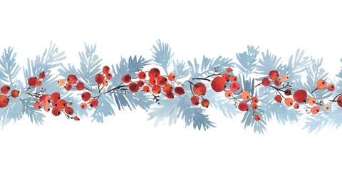 Wall Mural - Christmas watercolor horizontal seamless pattern with spruce branches in blue and red berries