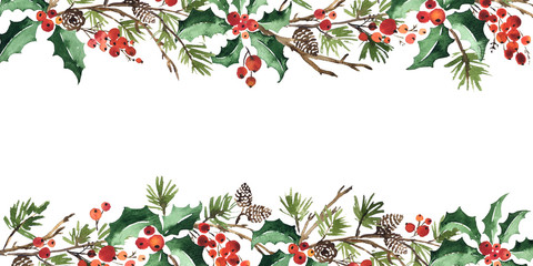 christmas watercolor horizontal arranging with holly berries, spruce and pine cones