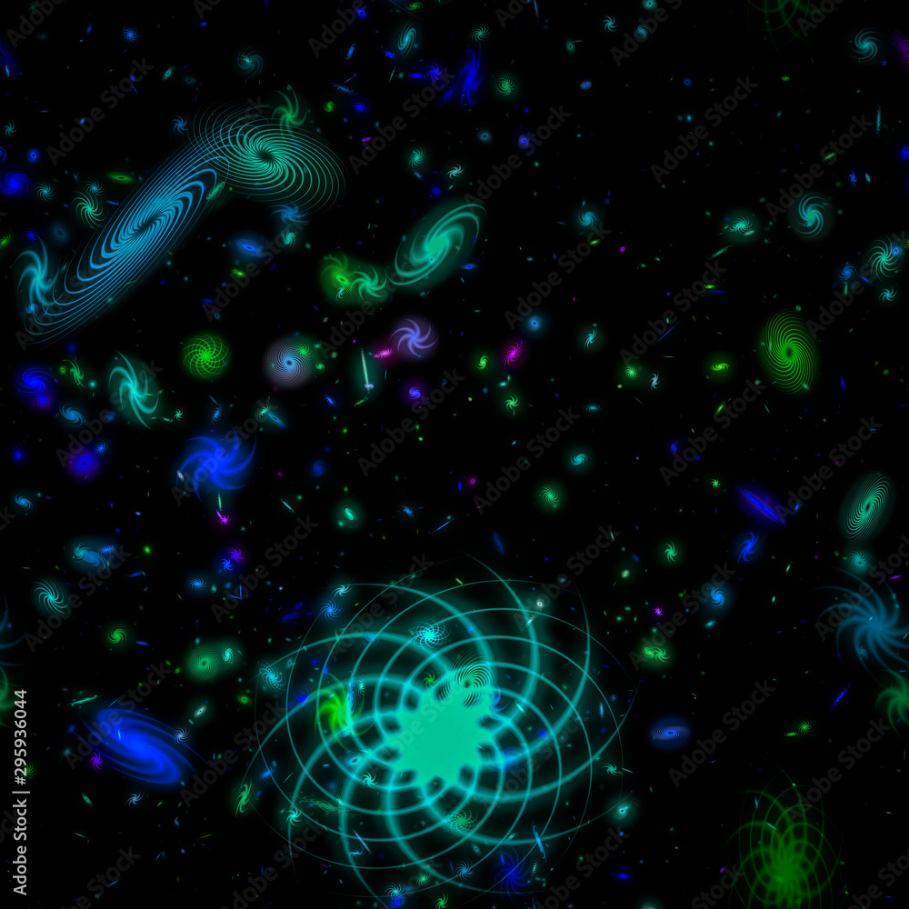 Seamless pattern with young galaxies space elements, mixed colors and sizes
