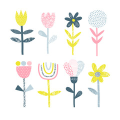  Abstract flowers vector illustrations set. Doodle blooming plants flat simple composition. Decorative Scandinavian scribble, line and dot drawing. Blossoming tulip, chamomile, dandelion, bud