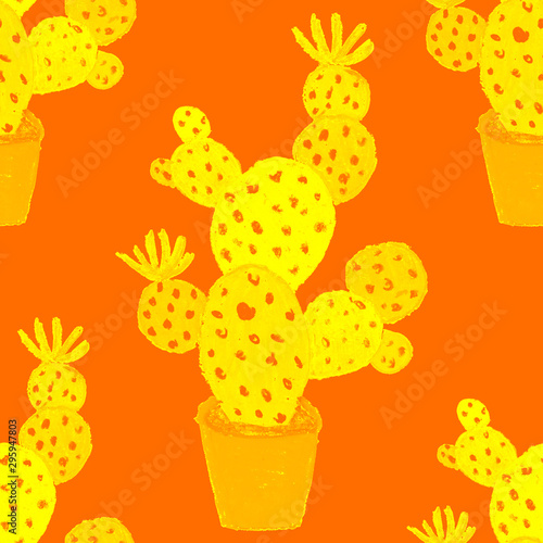 Creative seamless pattern with hand drawn cactuses in pots. Bright botanical ...