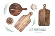 © kris_art - Set of watercolor kitchen wooden cutting boards. Hand drawn Illustration for kitchen posters. Restaurant board menu Scandinavian style kit design. Isolated on white.