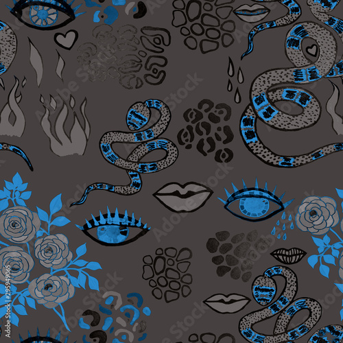 Creative seamless pattern with hand drawn snakes, lips, eyes, roses, leopard ...