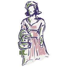 1950s Retro Woman With Handbag Illustration. Hand Drawn Loose Lineart Style Of Fifties Vintage Fashion Lady Clip Art.