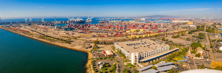 Fototapete - Aerial view of harbour cargo containers in Southern California port near the Long Beach district. LA.
