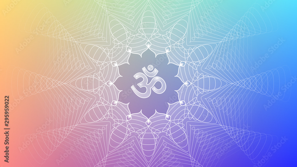 Divinely symbol Om and lotus; Bright modern gradient background; Spiritual sacred geometry, mandala in trance psychedelic style; Vector illustration. - obrazy, fototapety, plakaty 