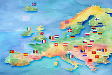 Sketch Of The Map Of Europe Painted With Watercolor Paints With Flags Of Countries