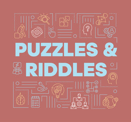 Sticker - Puzzles and riddles red word concepts banner. Solving problems, mysteries presentation, website. Escape games isolated lettering typography idea with linear icons. Vector outline illustration