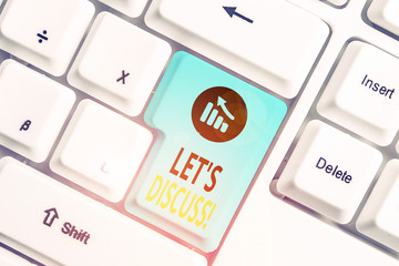 Word writing text Let S Discuss. Business photo showcasing asking someone to talk about something with demonstrating or showing White pc keyboard with empty note paper above white background key copy