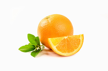 Wall Mural - Fresh Orange  fruit with  sliced and leaves isolated on white background.