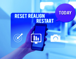 Text sign showing Reset Realign Restart. Business photo text Life audit will help you put things in perspectives woman icons smartphone speech bubble office supplies technological device