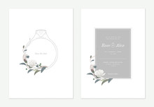 Flowers And Foliage Wedding Invitation Card Template Design, Wedding Ring Decorated With White Anise Magnolia Flowers And Leaves On White