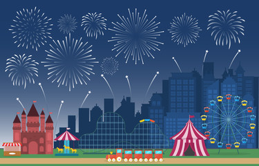 Amusement Park Circus Carnival Festival Fun Fair with Firework Landscape Illustration