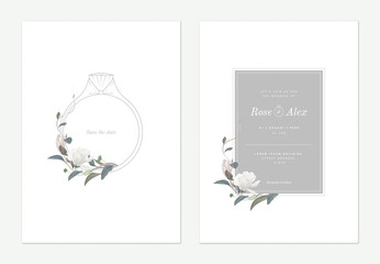 Wall Mural - Flowers and foliage wedding invitation card template design, wedding ring decorated with white Anise magnolia flowers and leaves on white