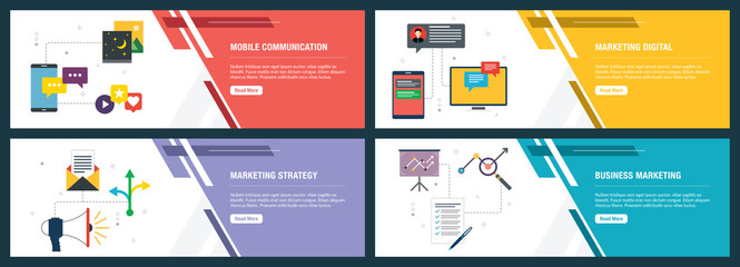 Wall Mural - internet banner set of communication, marketing and strategy icons.