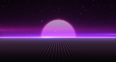 Retro Sci-Fi Background Futuristic Grid landscape of the 80`s. Digital Cyber Surface. Suitable for design in the style of the 1980`s. 3D illustration