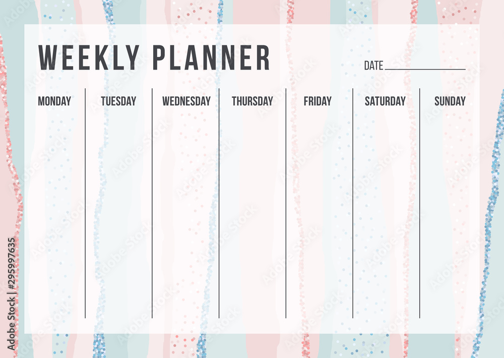 Stylish weekly planning template on striped background in pastel pink and blue colors. Modern organizer design for school and office. Vector illustration for daily target - obrazy, fototapety, plakaty 