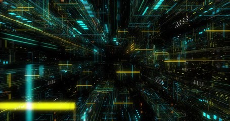 Seamless loop of abstract matrix hologram digital data flow. fly through time and space, warp through science fiction binary code particles network. Science and Technology concept. 3D render