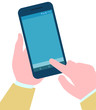 © robu_s - User with phone in hands, isolated gadget smartphone device with blue screen touchscreen of mobile phone. Service online, internet usage. Vector illustration in flat cartoon style
