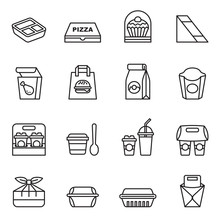 Fast Food. Take Away. Package Icons For Delivery. Thin Line Style Stock Vector.