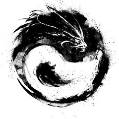 Fototapeta Yin Yang with dragon is drawn in ink with black blotches and splashes . 2D illustration .