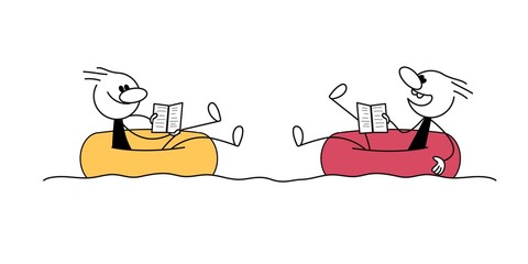 Doodle stick figure: Two men in inflatable circle with books. Hand drawn cartoon vector illustration.