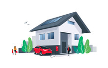 Red Electric Car Parking Charging At Home Wall Box Charger Station On House With A Man. Renewable Energy Solar Panels On Roof. Family Living With Ev. Isolated Vector Illustration On White Background. 