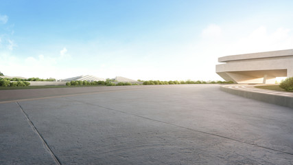 Empty concrete floor in city park. 3d rendering of outdoor space and future architecture with blue sky background.