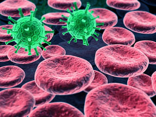 Virus infecting the red bloods. 3d render.