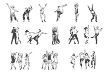 People Dancing To Music Concept Sketch. Hand Drawn Isolated Vector