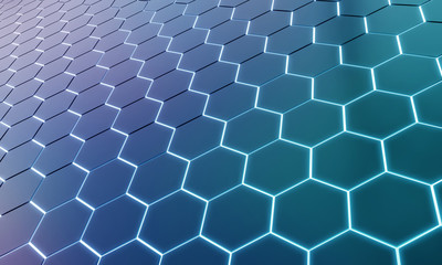 Glowing black and blue hexagons background pattern on silver metal surface 3D rendering